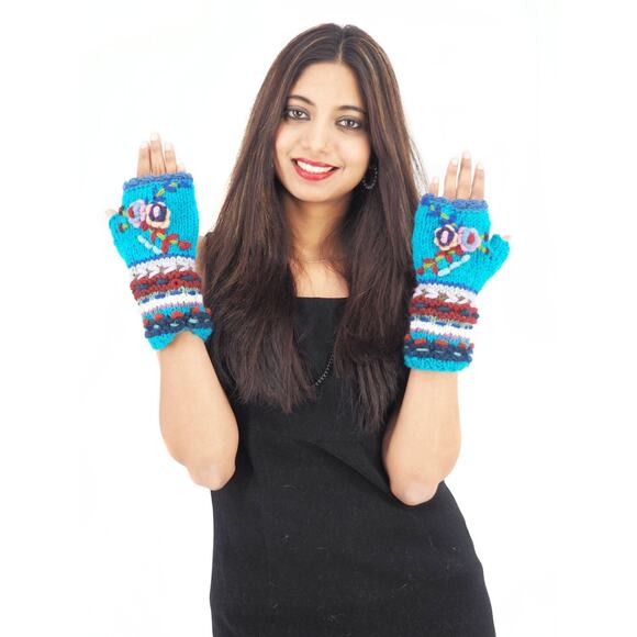 Handmade crochet hand knitted blue floral 100% wool fleece fingerless gloves - Picture 3 of 11